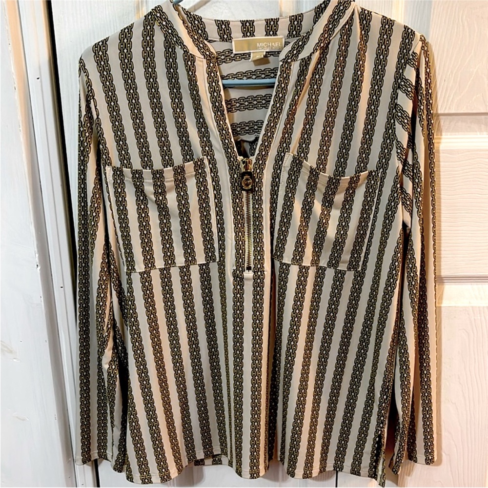 Michael MICHAEL KORS ZIP FRONT BONE/GOLD LONG‎ SLEEVE CHAIN LOGO Sz M